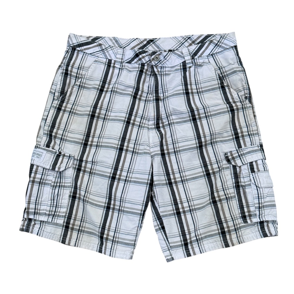 Wrangler Originals Mens Plaid Cargo Shorts White Black Grey Size 34 Cotton
